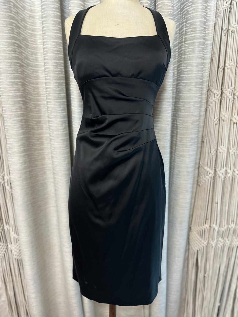 Cache Black Satin Halter Cocktail Dress Size 8 Ruched Sheath Little Black Dress